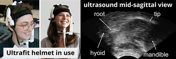 2 people in specialized helmets and a sonogram of a mouth